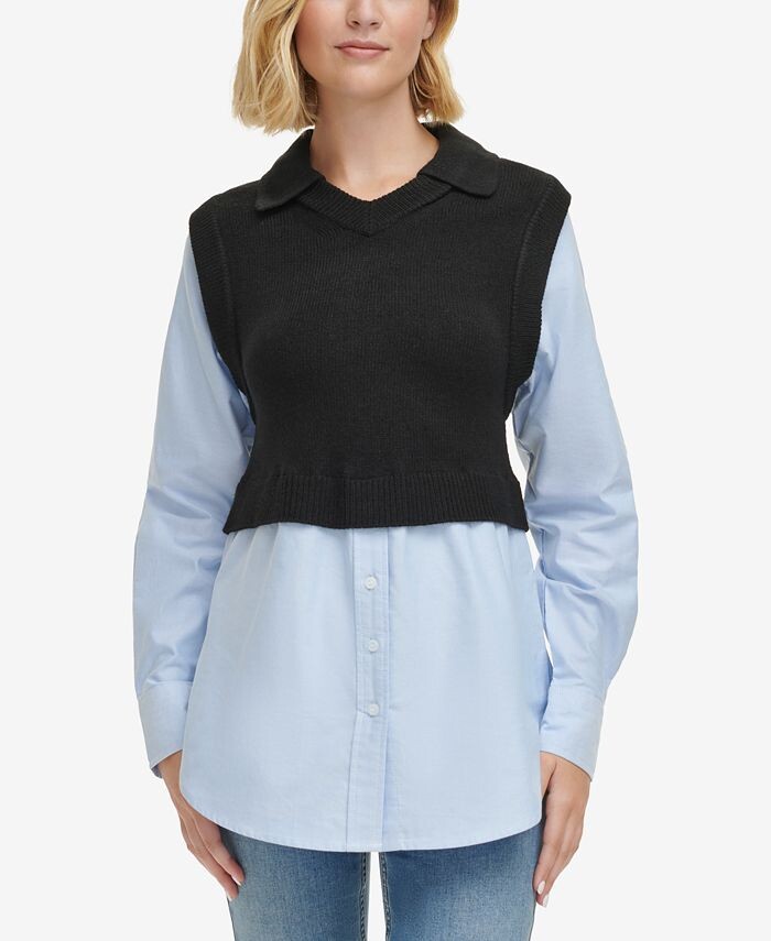 

Женский многослойный свитер, контрастный топ с длинными рукавами Calvin Klein Jeans, цвет Black / Blue