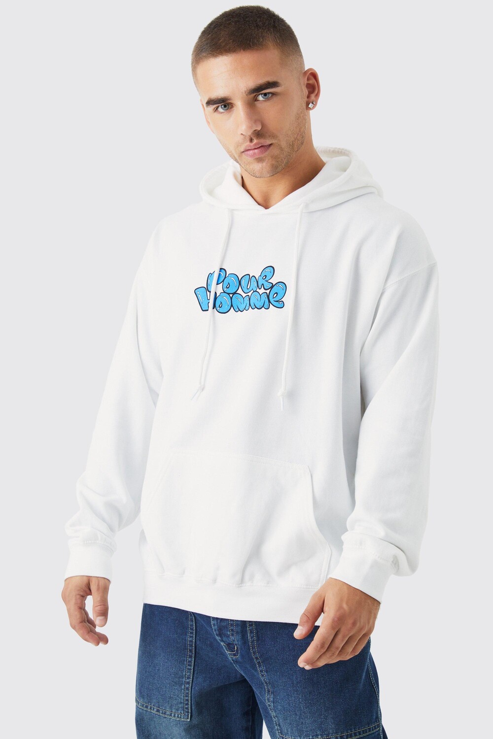 

Худи oversize homme с увеличенным вырезом и графикой Boohoo, белый