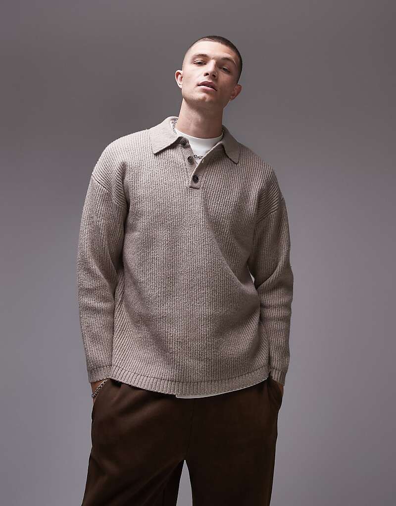 

Topman – вязаный свитер-поло овсяного цвета свободного кроя