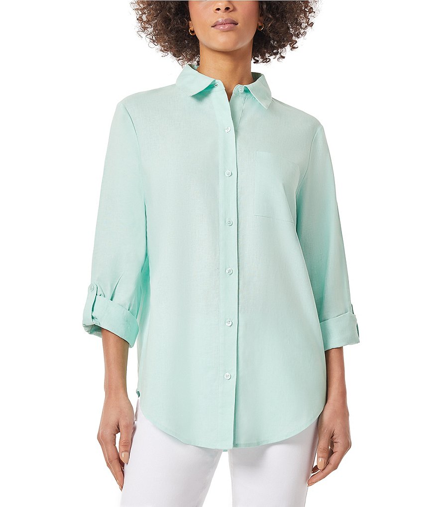 цена Рубашка на пуговицах с заостренным воротником и заостренным воротником Jones New York из смесового льна, зеленый