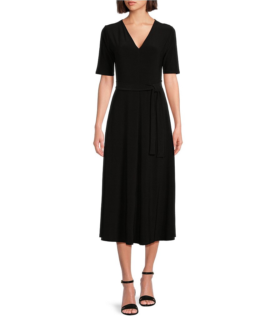 Preston & York Sydney Платье миди с V-образным вырезом, короткими рукавами и завязкой на талии, черный