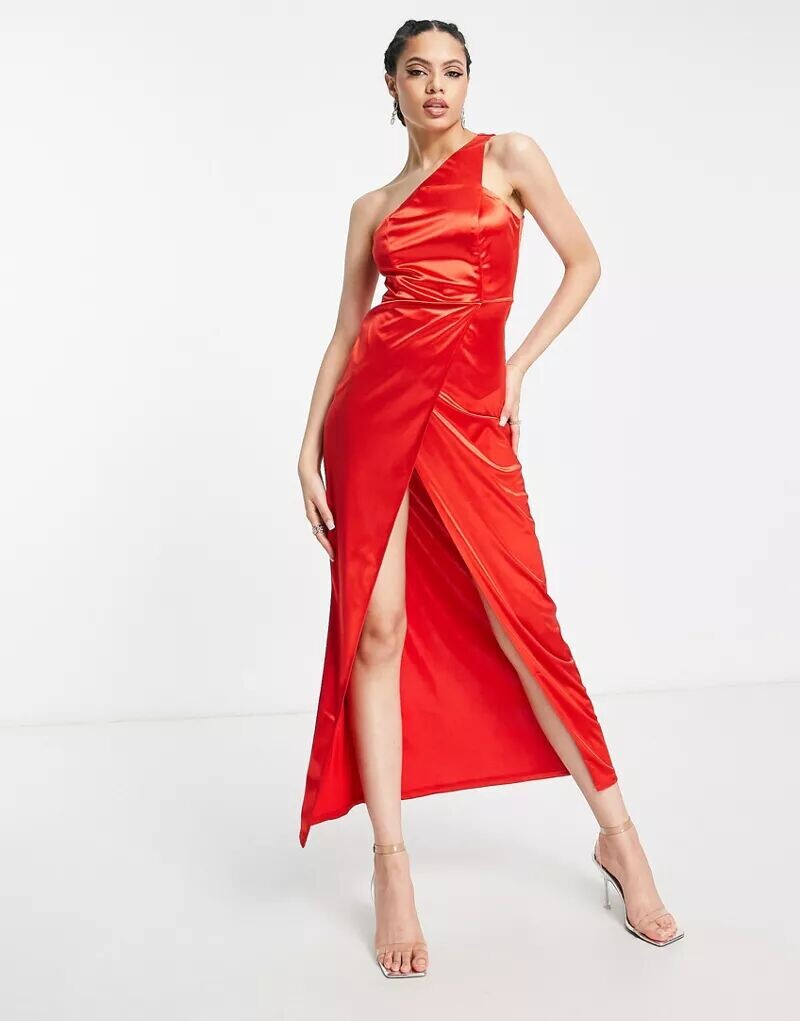 

Красное атласное платье макси на одно плечо с разрезом спереди Femme Luxe