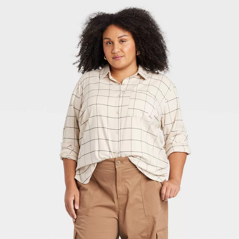 

Женская фланелевая рубашка с длинным рукавом на пуговицах - Ava & Viv, цвет Beige Plaid