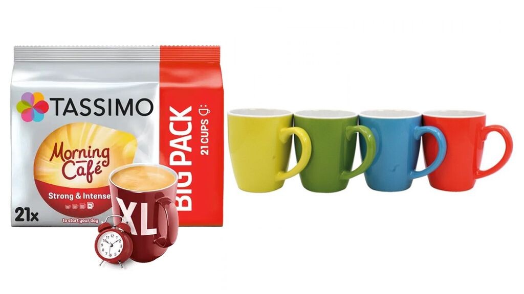 

Morning Café XL 21 кофейная капсула в большой упаковке по 163,8 г плюс 4 чашки с ручкой 350 мл. James Premium