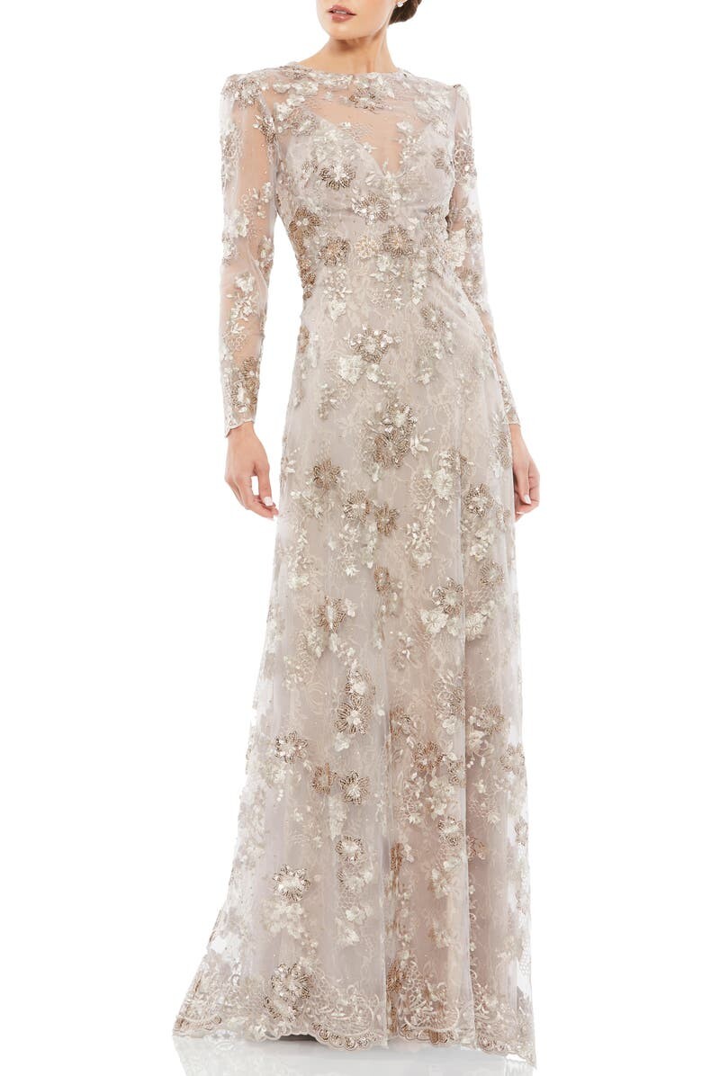 

Платье с длинными рукавами из тюля и кружева с вышивкой MAC DUGGAL