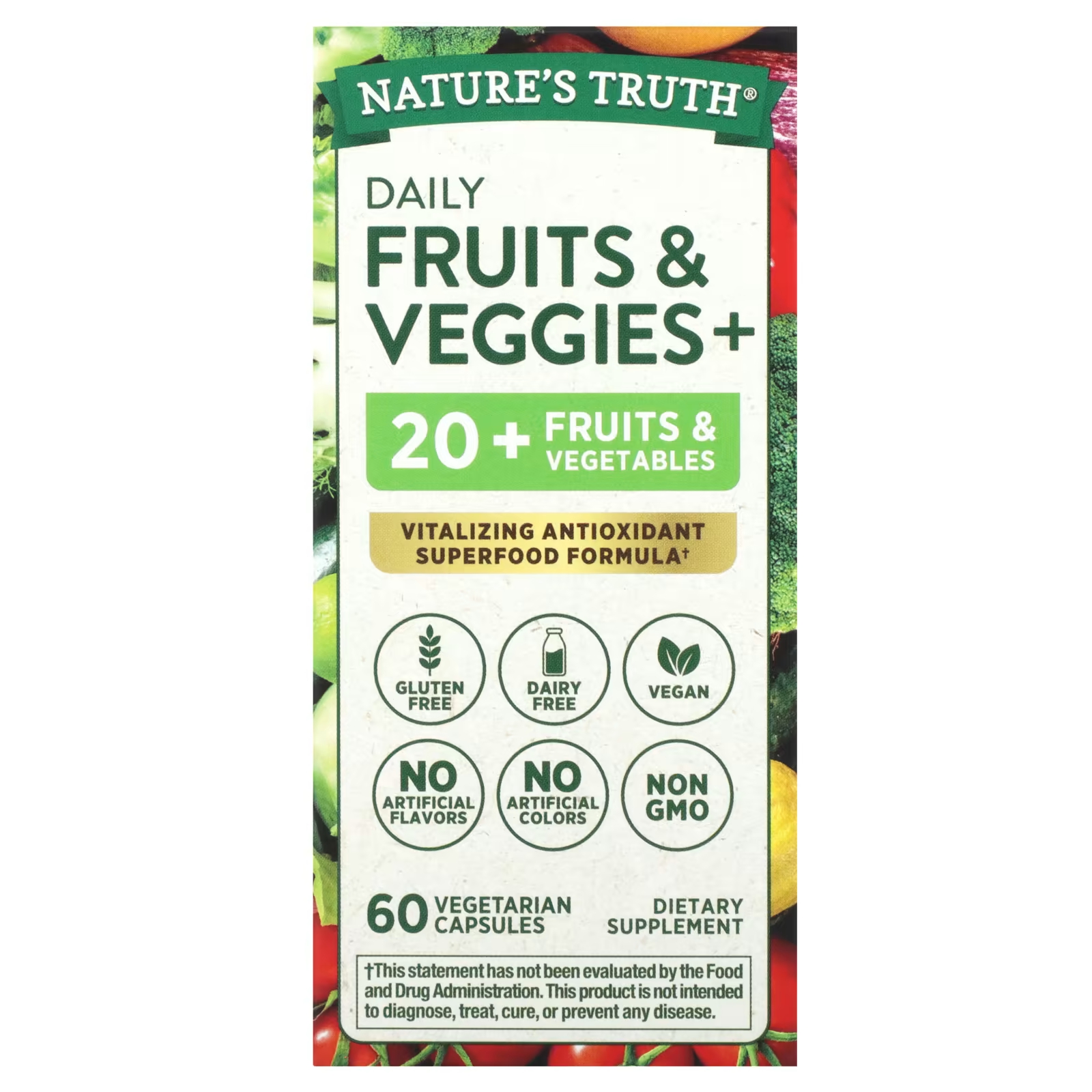 

Пищевая добавка Nature's Truth, Daily Fruit & Veggies +, 60 вегетарианских капсул