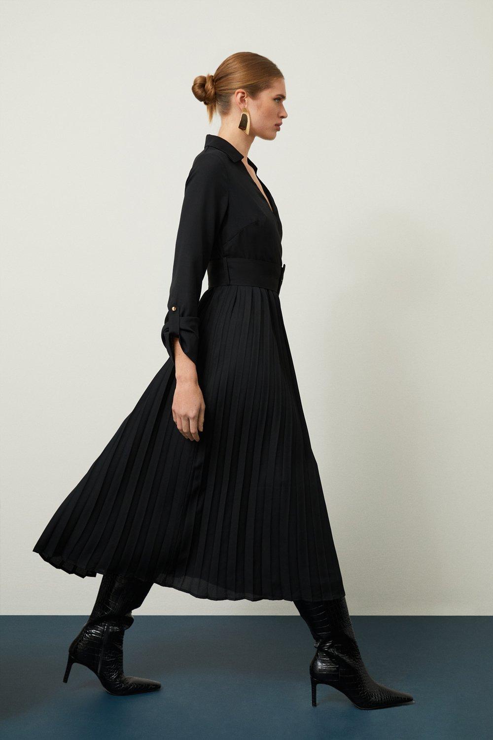 Плиссированное тканое платье миди из жоржетта Karen Millen, черный