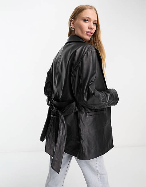

Черная куртка для мам премиум-класса из натуральной кожи с поясом ASOS DESIGN, Черный