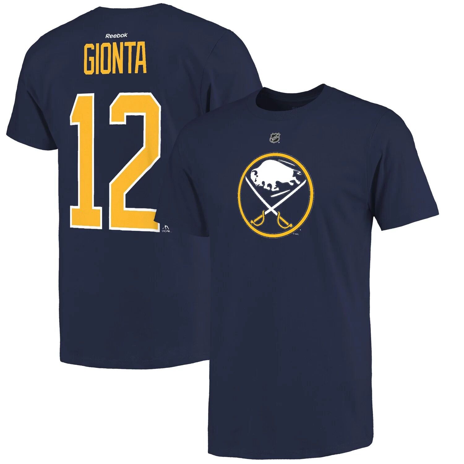 

Мужская темно-синяя футболка с именем и номером Reebok Buffalo Sabers Brian Gionta, Синий