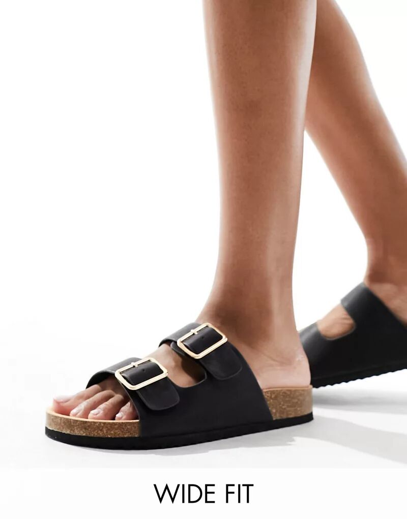 Черные сандалии Glamorous Wide Fit со стелькой и двойным ремешком, широкая посадка