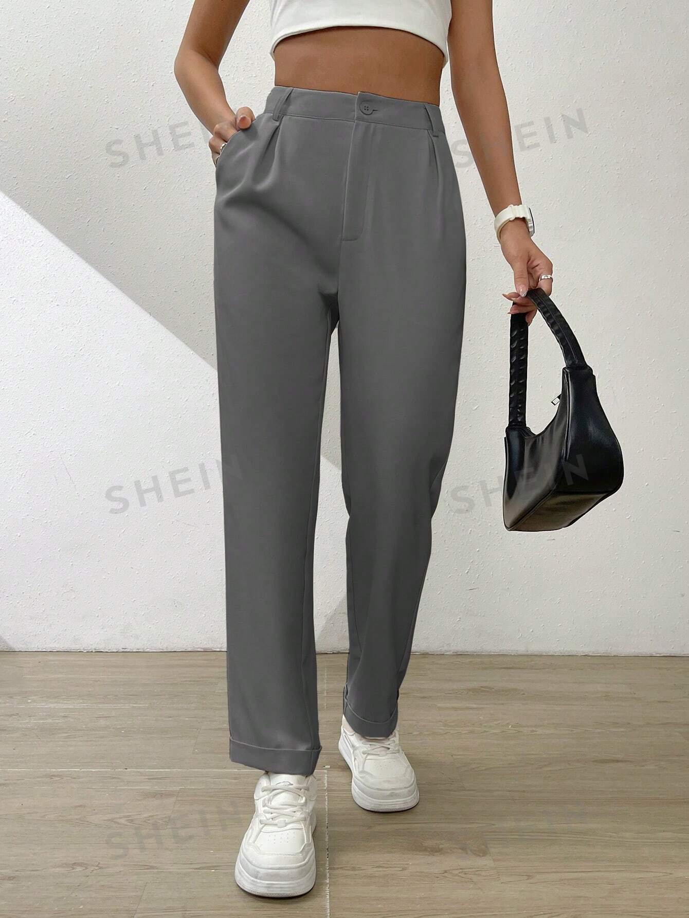 shein essnce однотонные широкие брюки со складками и наклонными карманами коричневый SHEIN Essnce Однотонные широкие брюки со складками и наклонными карманами, серый
