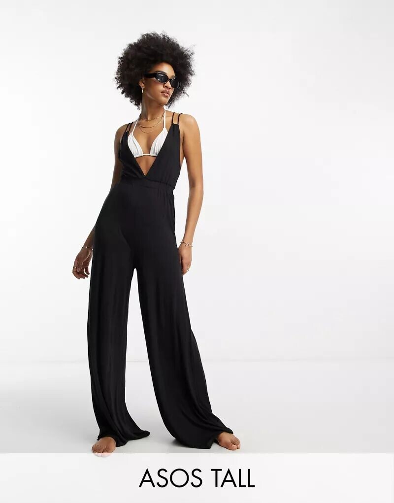

Черный широкий пляжный комбинезон с двойными бретелями ASOS DESIGN Tall