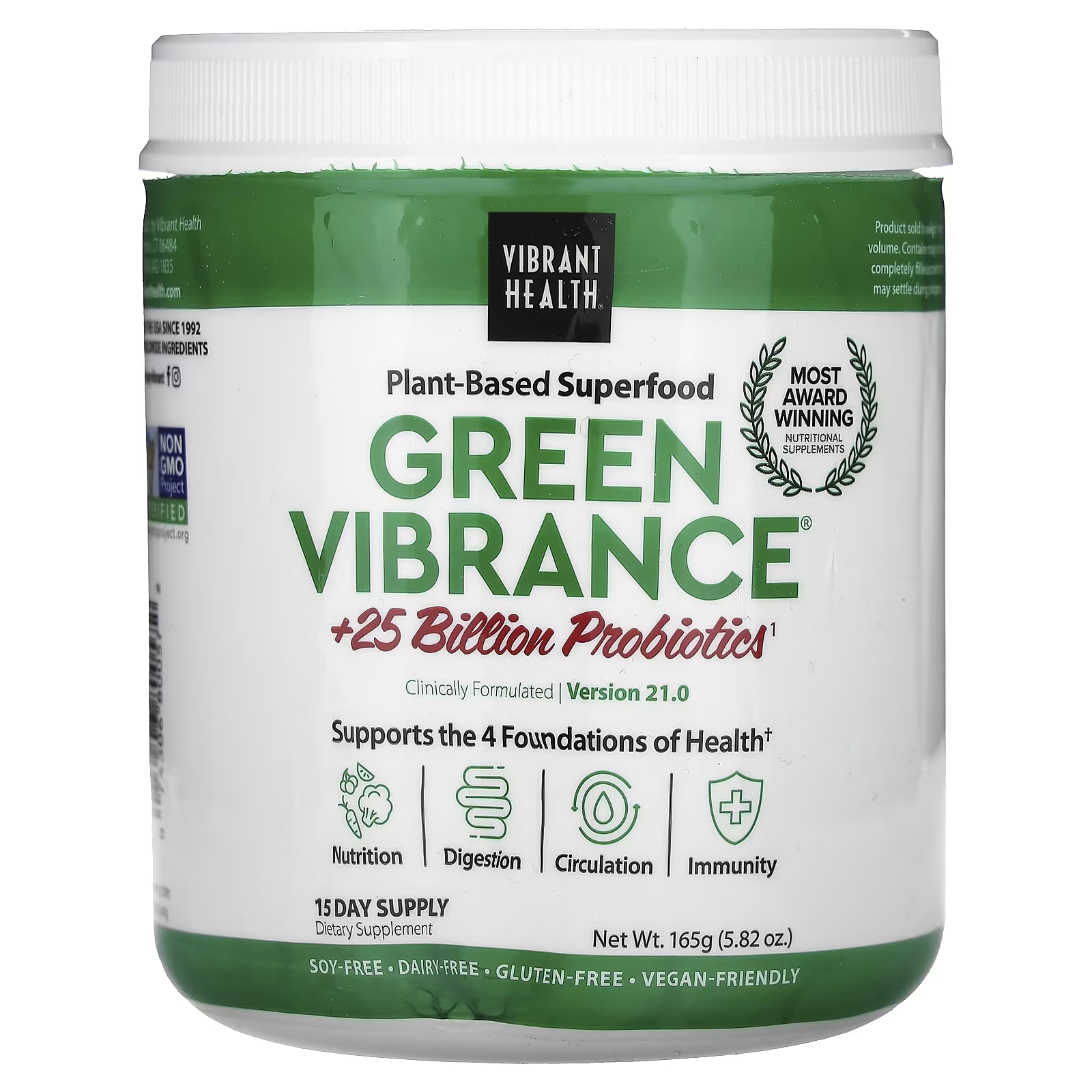 Пищевая добавка Vibrant Health Green Vibrance +25 миллиардов пробиотиков, 165 г пищевая добавка vibrant health maximum vibrance стручок ванили 618 6 г