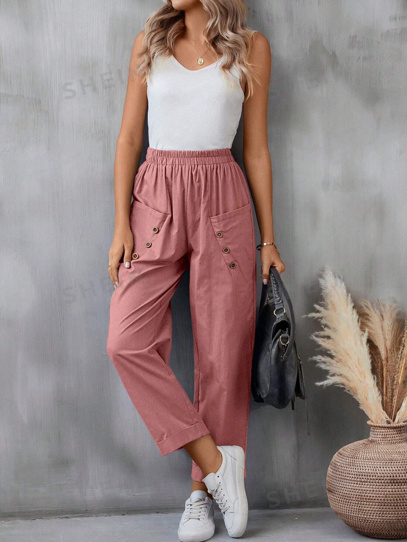 SHEIN LUNE Женские повседневные длинные брюки с двойными карманами и эластичной резинкой на талии, пыльный розовый