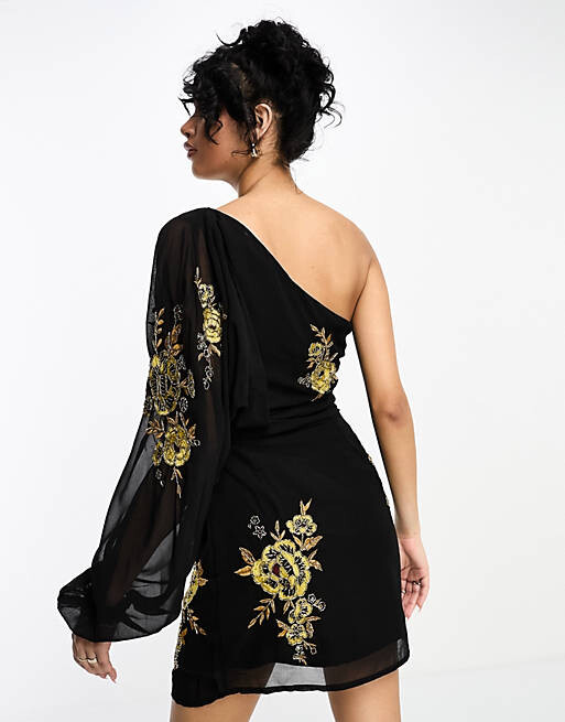 

Черное шифоновое платье мини на одно плечо с цветочным рисунком календулы ASOS DESIGN