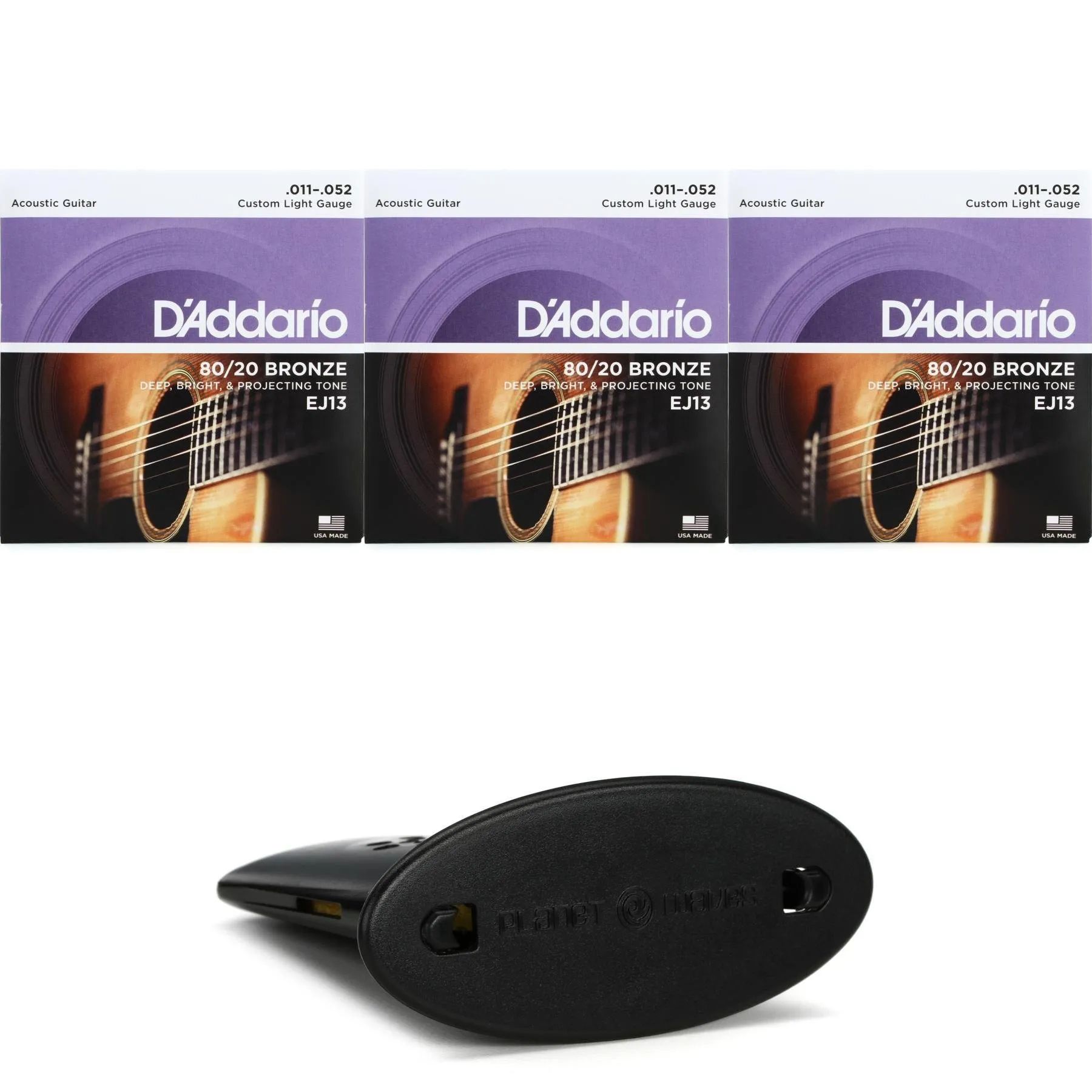 

Новые струны для акустической гитары D'Addario EJ13 80/20, бронзовые, 3 шт., с БЕСПЛАТНЫМ увлажнителем — .011-.052 Custom Light