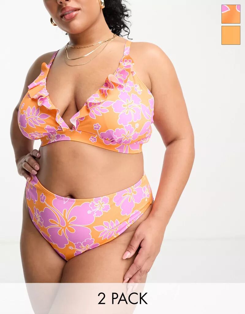 Комплект из двух плавок бикини Simply Be с оранжево-розовым цветочным принтом и рюшами цена и фото