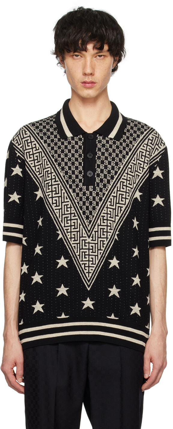 

Черная футболка-поло с монограммой и звездами Balmain
