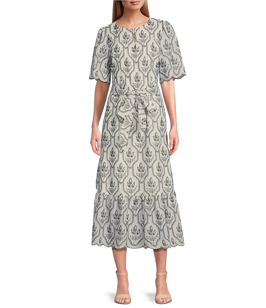 Платье миди Preston & York Lisa с цветочным принтом пейсли, короткими рукавами, вышивкой, круглым вырезом и завязками на талии, отделкой фестонами, цветочный