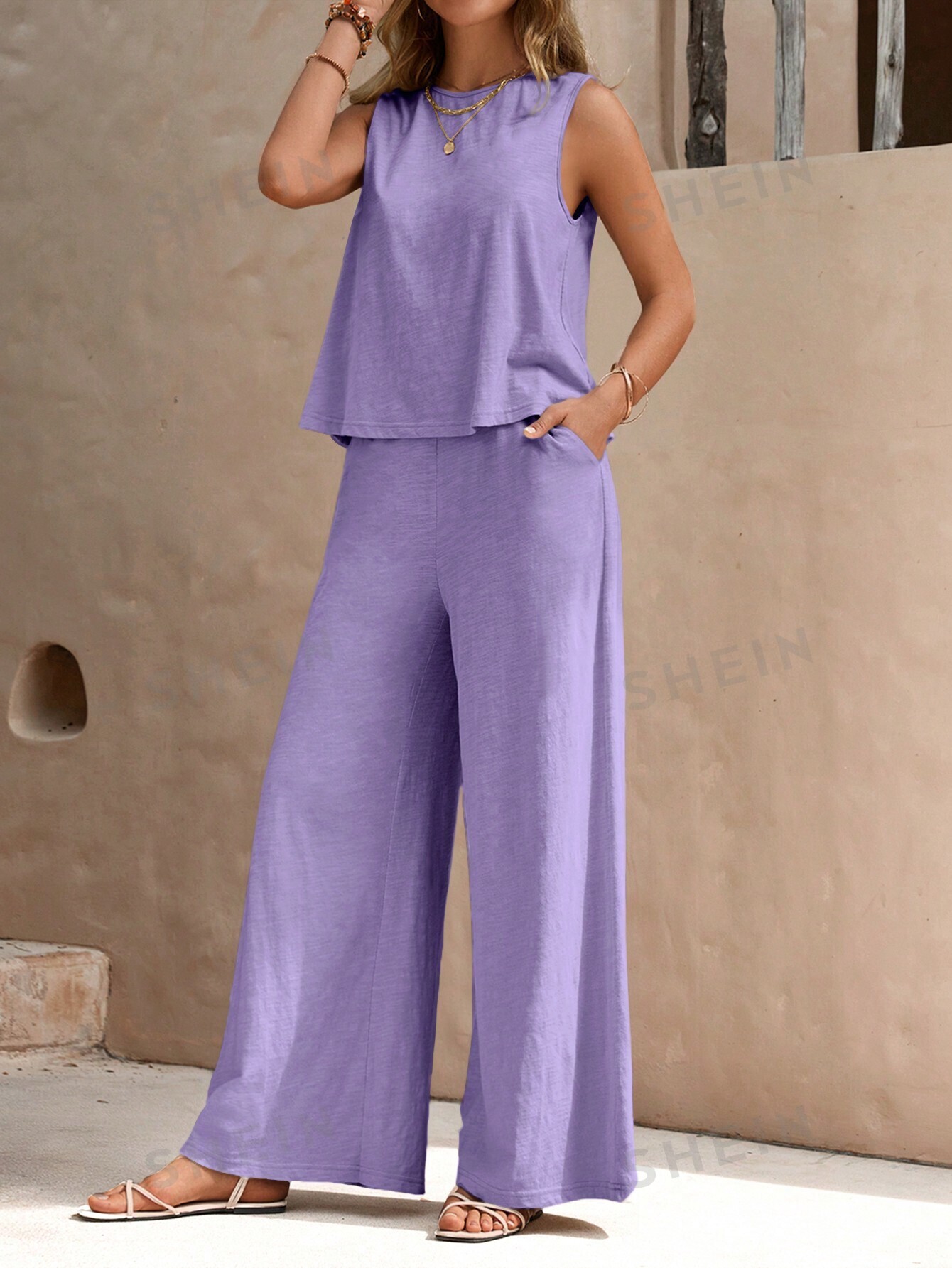 SHEIN LUNE Женский однотонный повседневный комплект из двух предметов свободного кроя, сиреневый фиолетовый