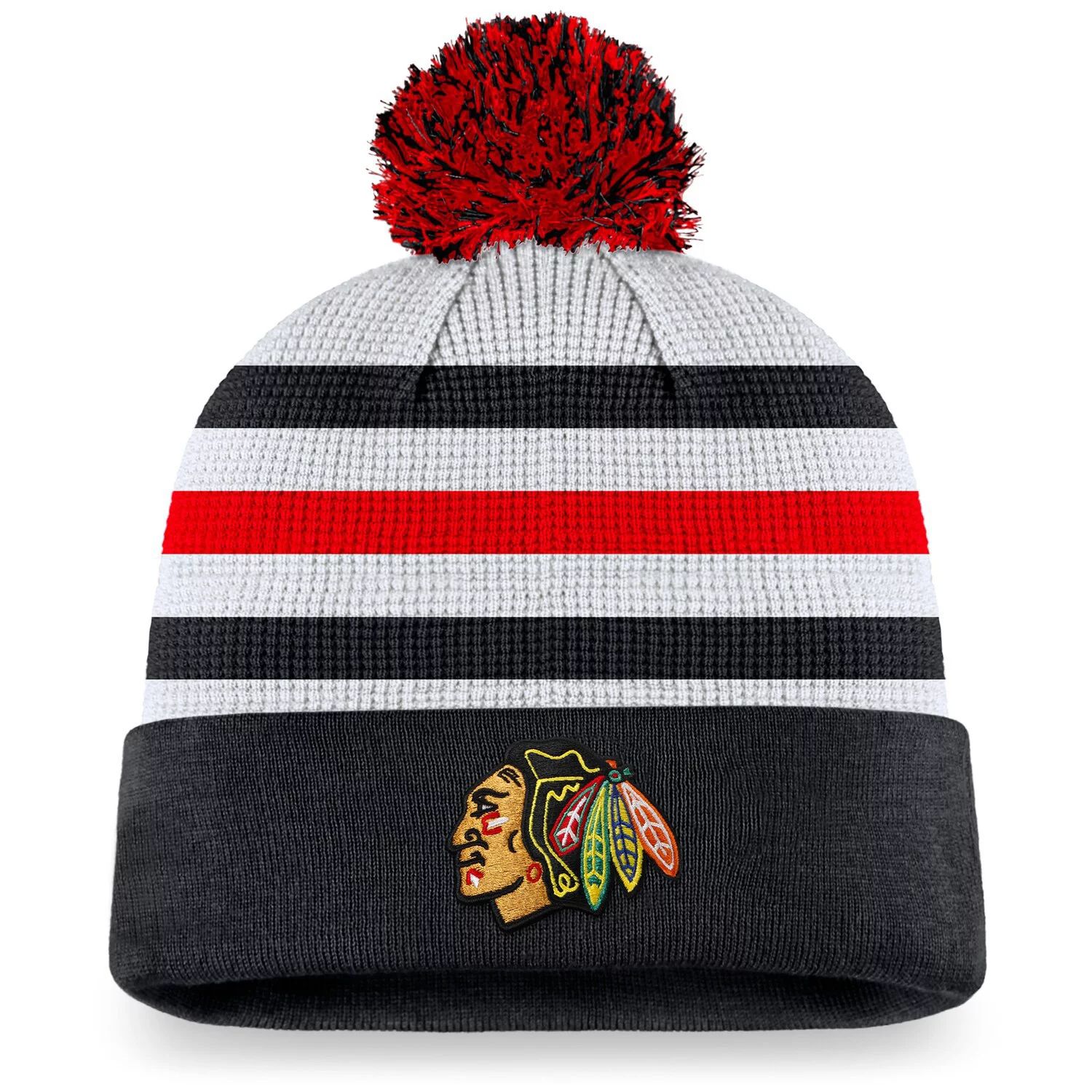 

Мужская вязаная шапка Fanatics белого/черного цвета с манжетами и помпоном Chicago Blackhawks Authentic Pro Draft