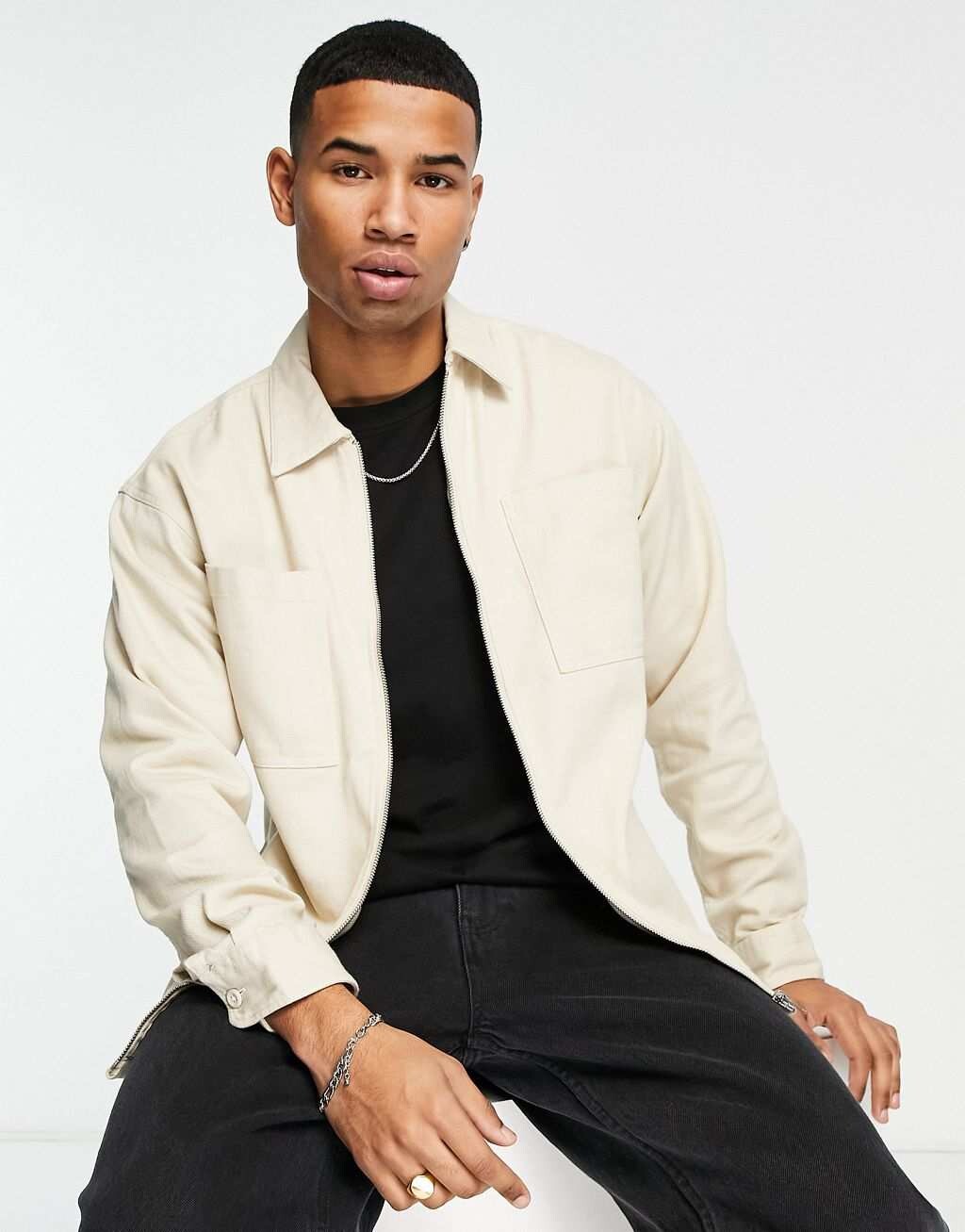 

Бежевая твиловая рубашка на молнии Jack & Jones Originals