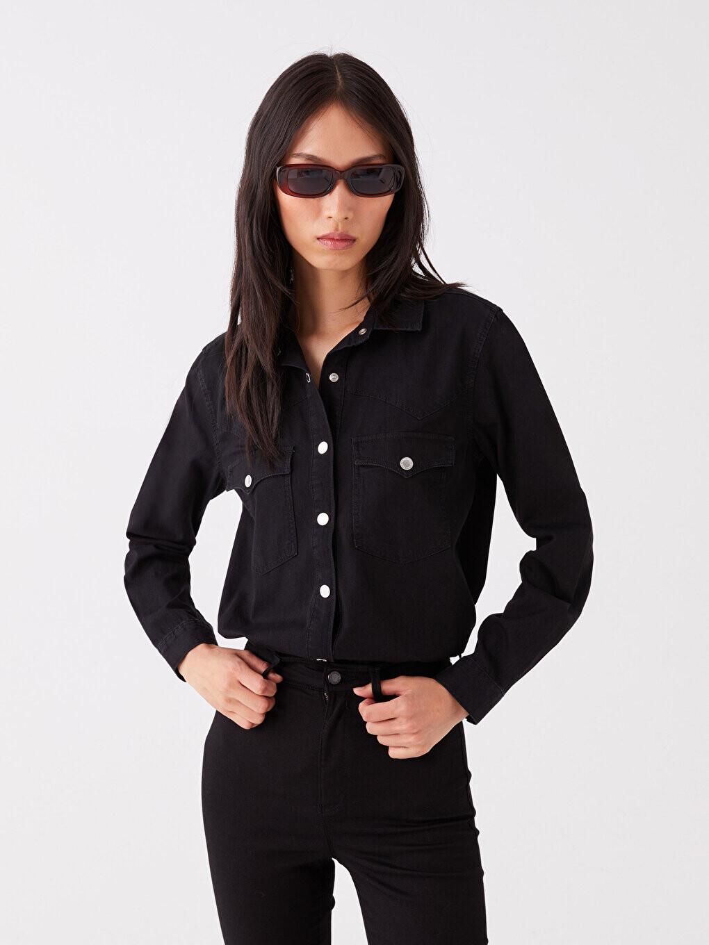 

Однотонная женская джинсовая рубашка с длинным рукавом LCW Jeans
