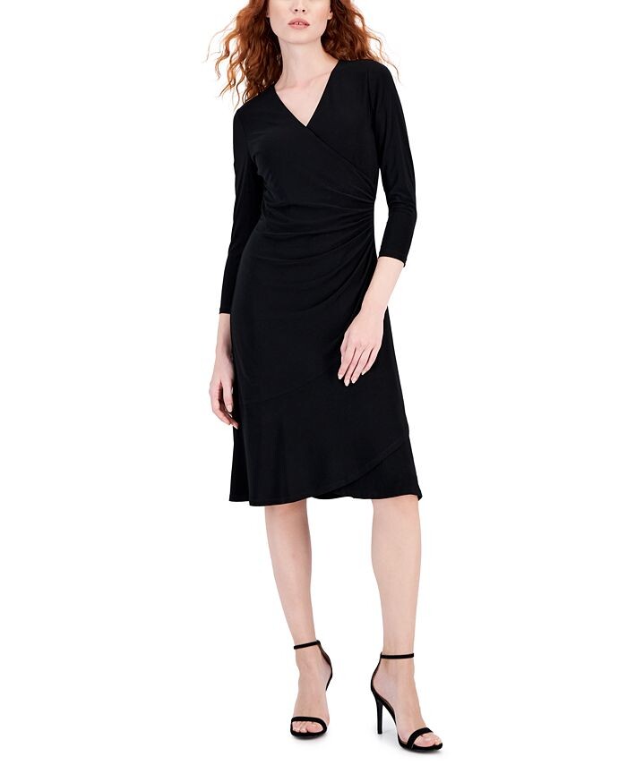 

Миниатюрное платье с искусственным запахом и рукавами 3/4 AK Anne Klein, черный