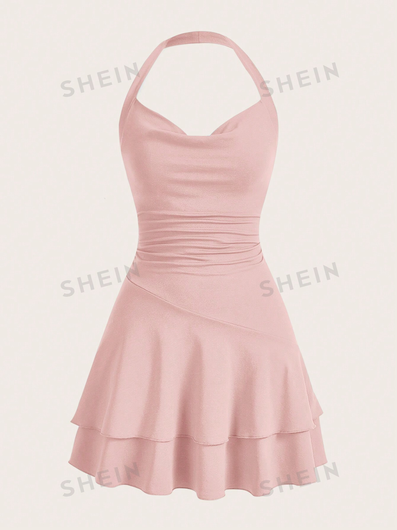 вязаное облегающее платье миди из хлопка цвет – бежевый SHEIN MOD однотонное женское платье с бретелькой на шее и многослойным подолом, пыльный розовый