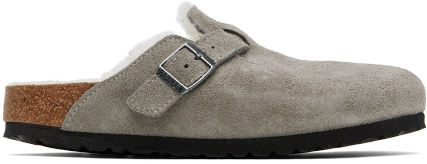 

Серые узкие бостонские лоферы из овчины Birkenstock