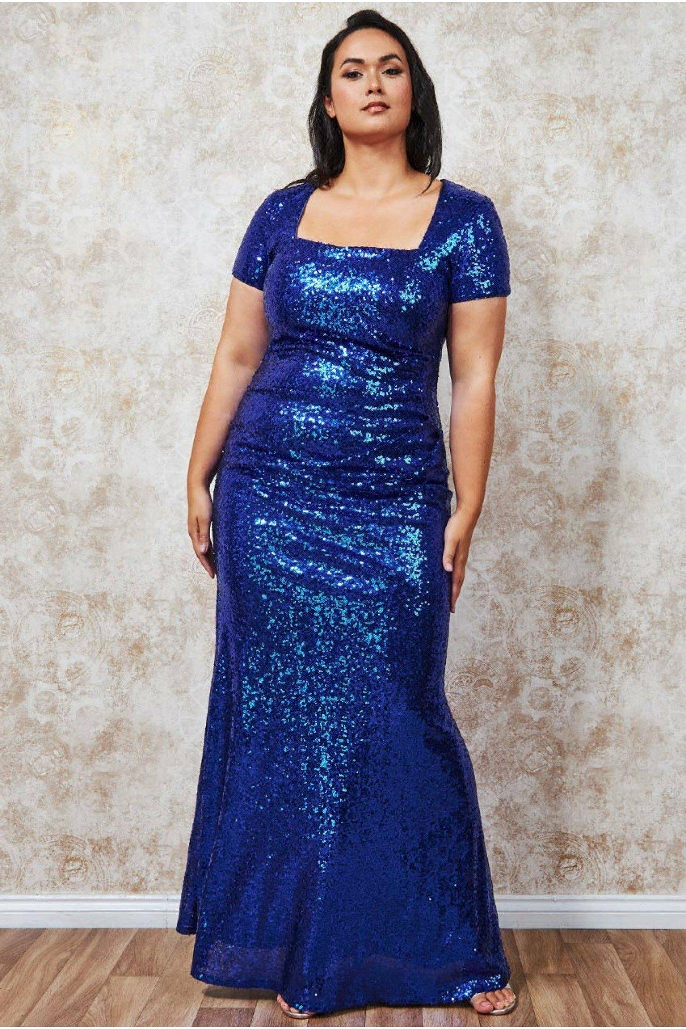 Платье макси с вырезом портрета и пайетками Goddiva, синий портрет по фото золотое платье