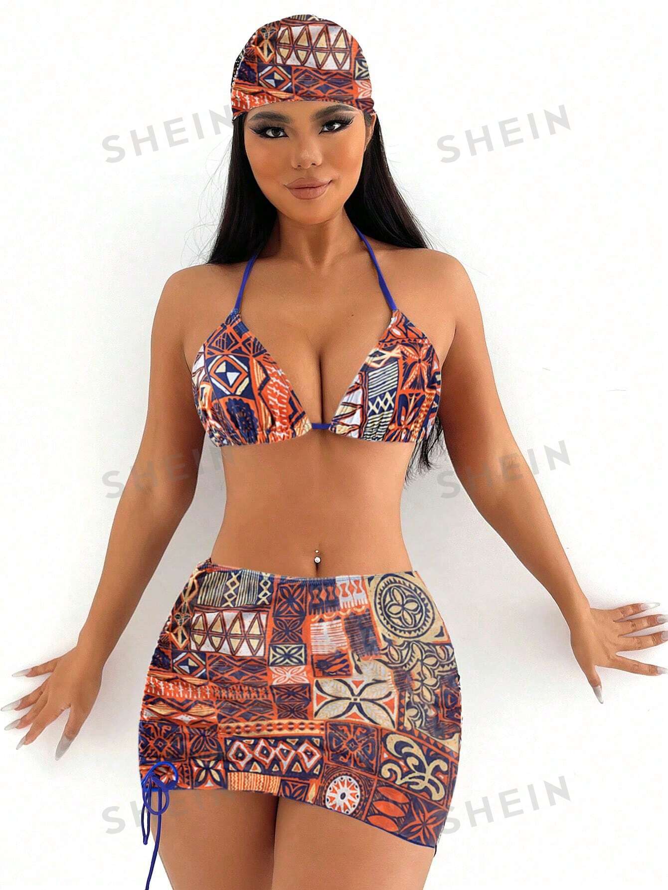 цена SHEIN Swim Vcay Комплект бикини с принтом и вырезом на шее, многоцветный
