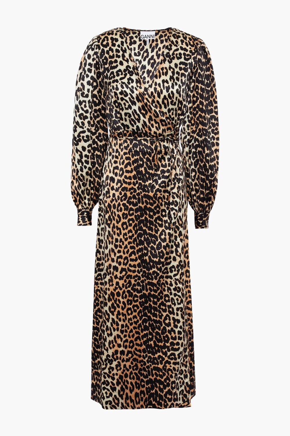 

Платье миди с запахом и атласом с леопардовым принтом Ganni, цвет Animal print