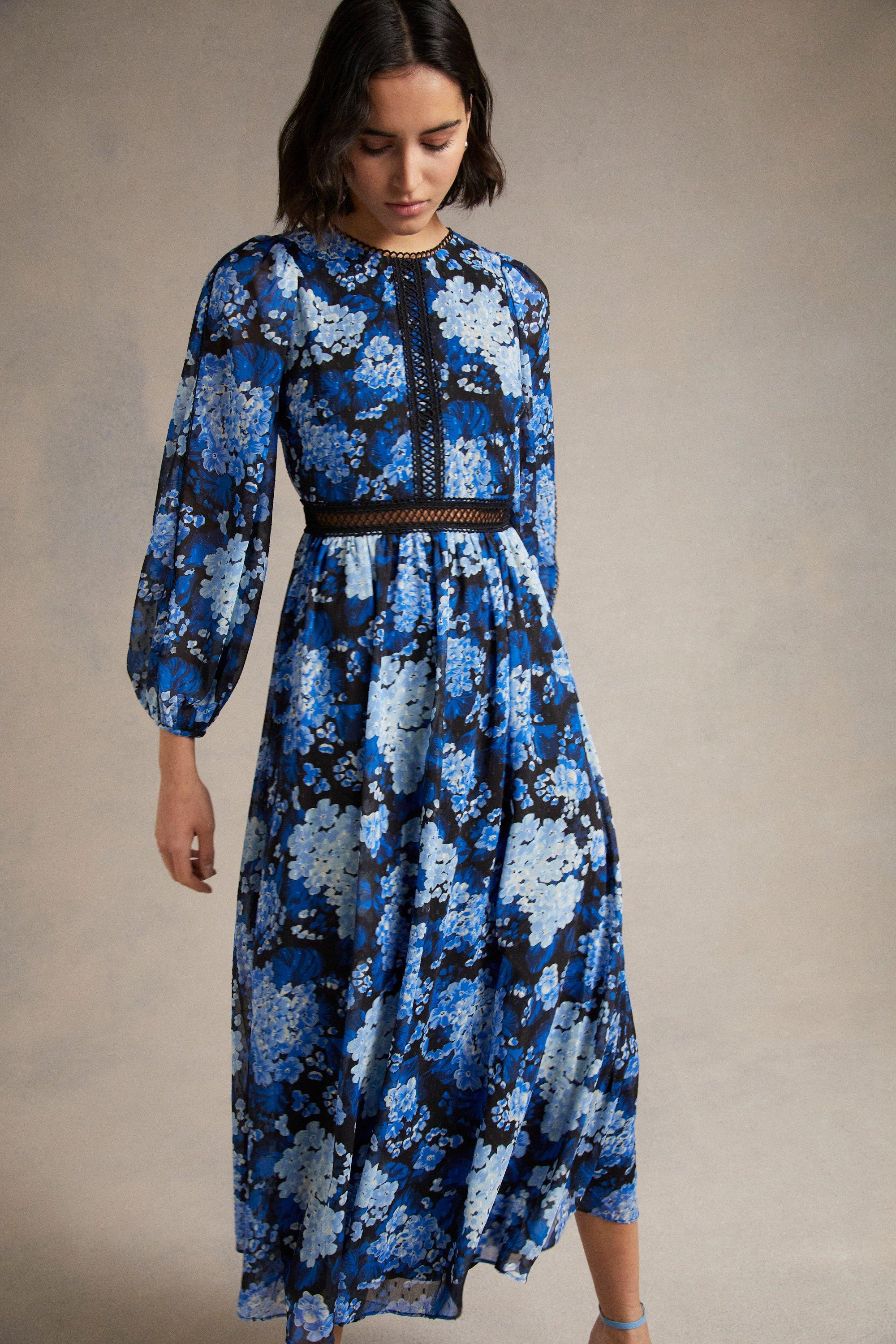 

Платье миди Добби с цветочным узором и объемными рукавами Oasis, темно-синий