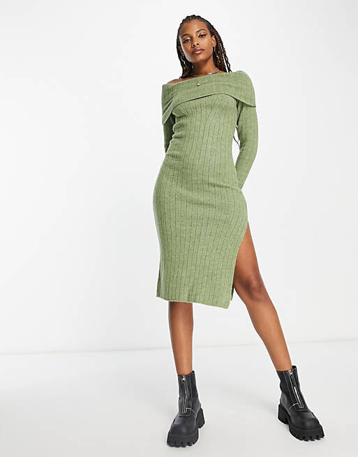 

Платье миди цвета хаки с разрезом и складками в рубчик Miss Selfridge