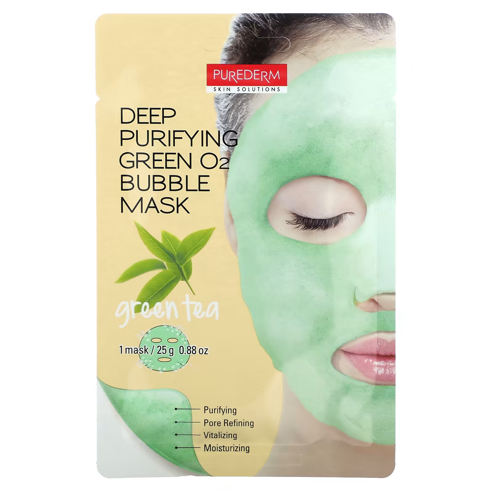 Purederm Deep Purifying Green O2 Bubble Beauty Mask Зеленый чай, 1 тканевая маска, 0,88 унции (25 г)