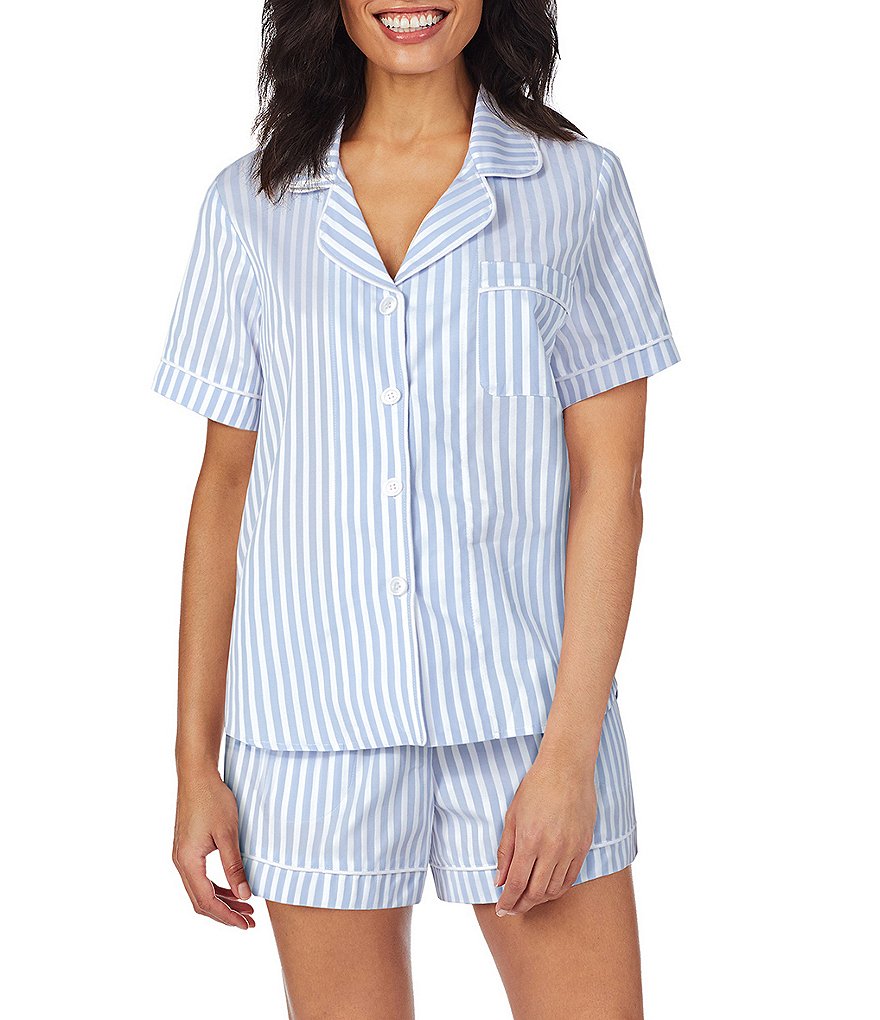 Пижама BedHead Полосатый принт с вырезом на воротнике Тканый атласный короткий пижамный комплект BedHead Pajamas, синий