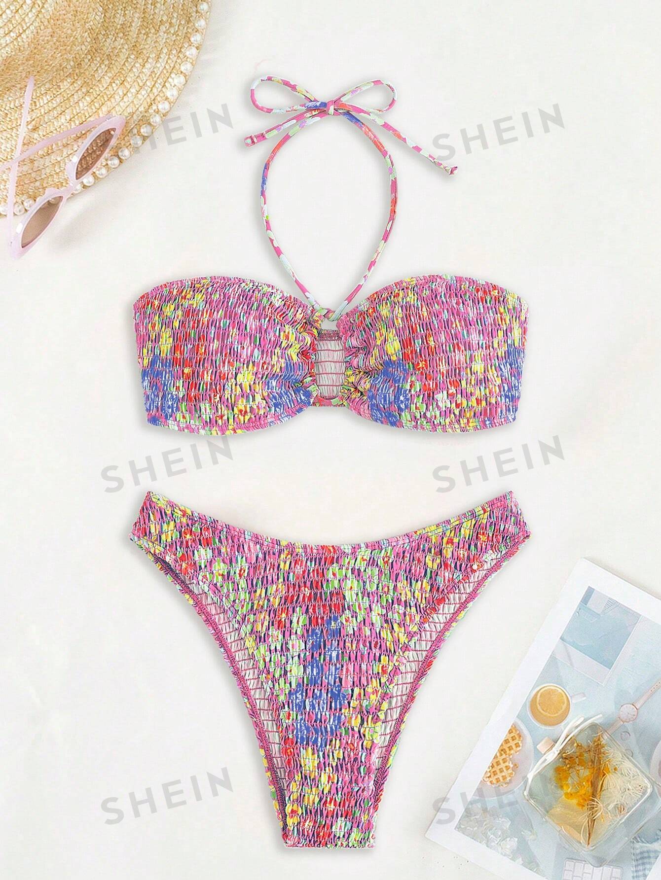 SHEIN Swim Vcay Sling Маленький комплект бикини с цветочным принтом и вырезом на шее, розовый цена и фото