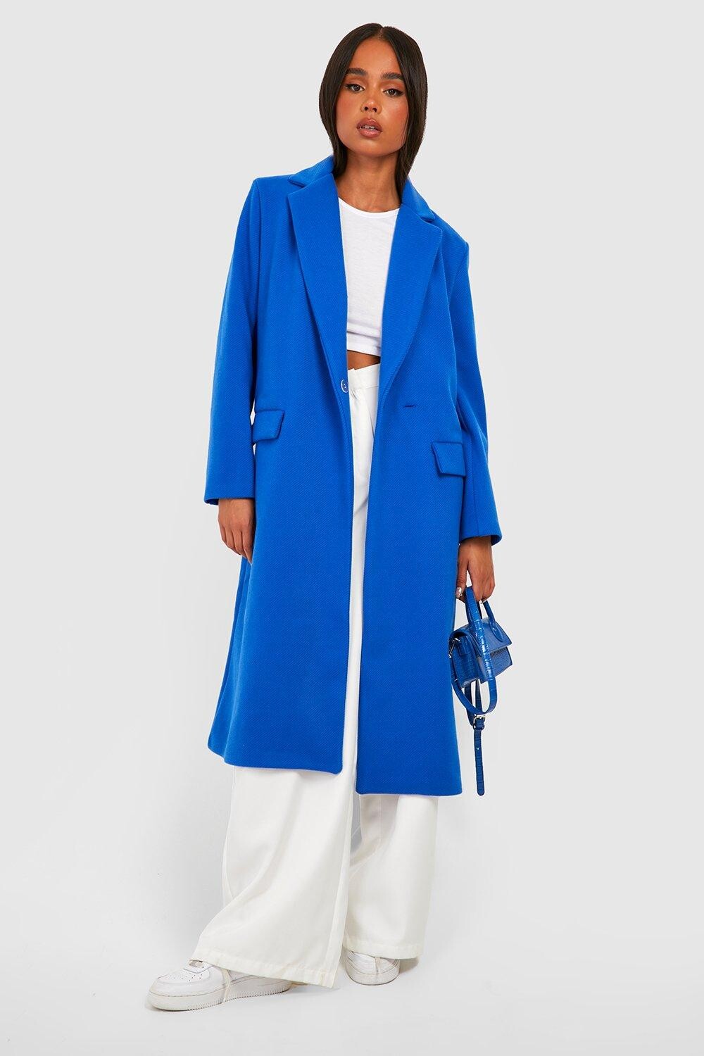 

Длинное пальто Petite с шерстяным эффектом премиум-класса boohoo, синий