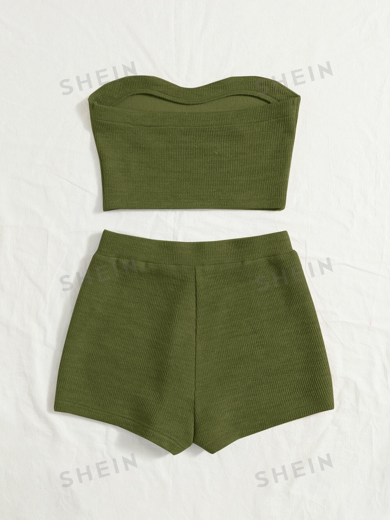 цена SHEIN WYWH WYWH Женский вязаный топ в рубчик для отдыха и шорты цвета хаки в байкерском стиле, армейский зеленый
