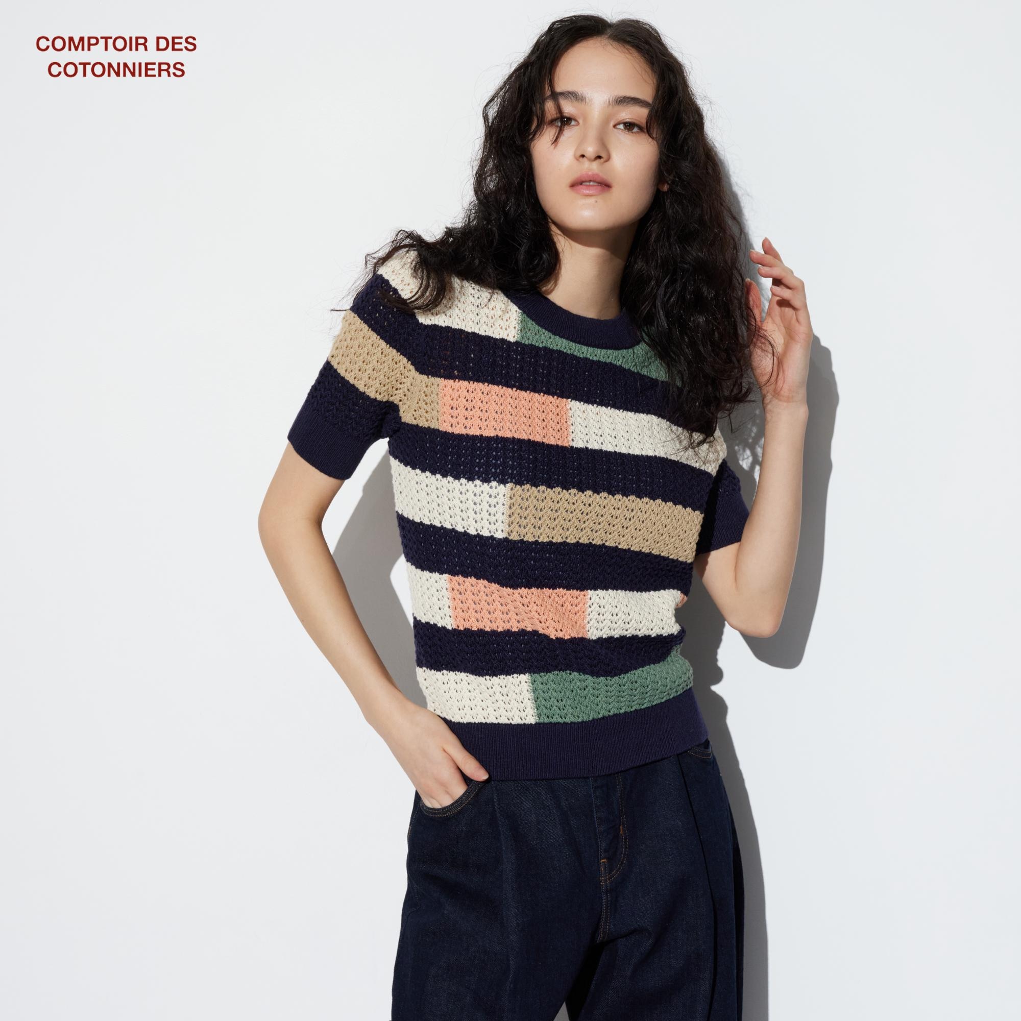 

Льняной хлопковый ажурный свитер (с коротким рукавом, comptoir de cotonnier) UNIQLO, синий