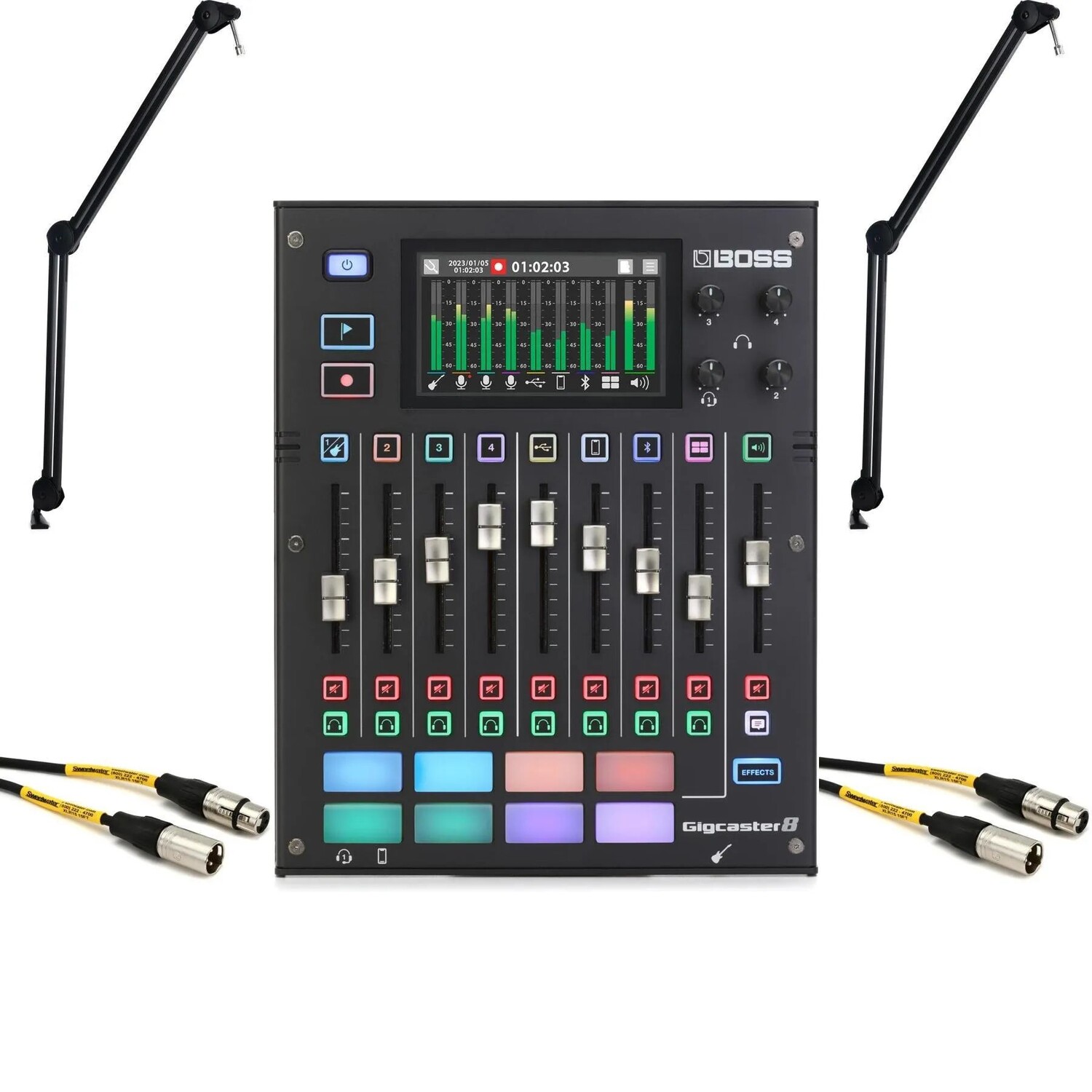 

Новый потоковый микшер Boss Gigcaster 8 с вещательными штангами и кабелями