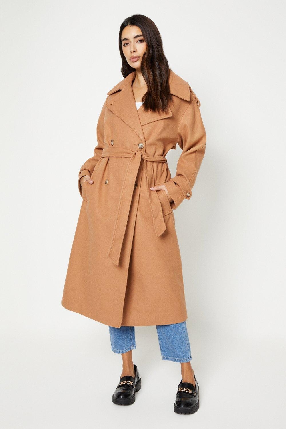 

Шерстяной тренч с поясом Dorothy Perkins, бежевый