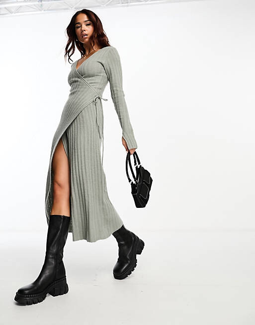 

Серое трикотажное платье миди с запахом спереди ASOS DESIGN