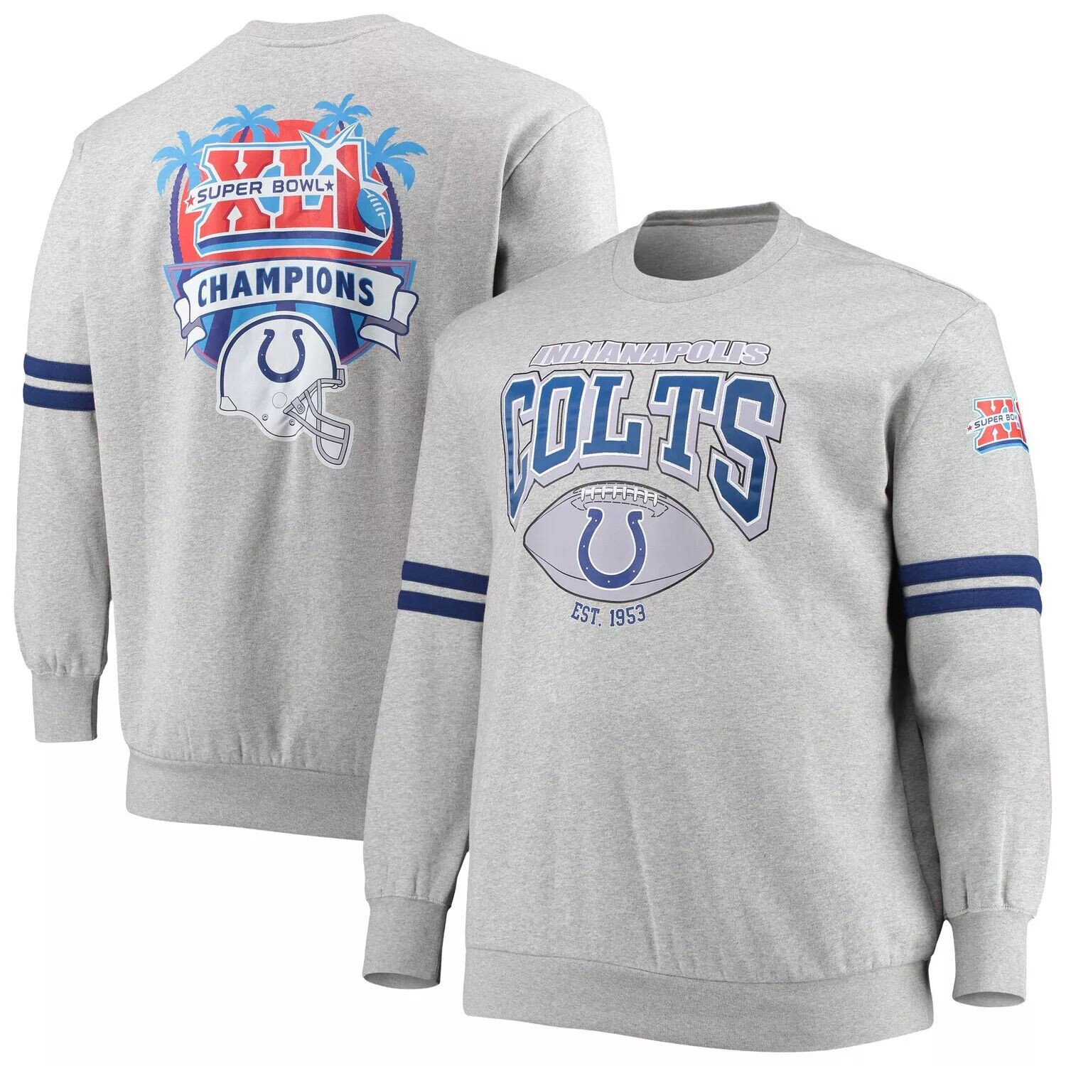 

Мужской свитшот с принтом Mitchell & Ness Heathered Grey Indianapolis Colts Big & Tall со сплошным принтом