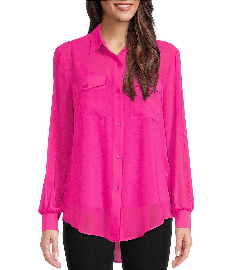 цена DKNY Тканая шифоновая блузка с воротником на пуговицах, розовый