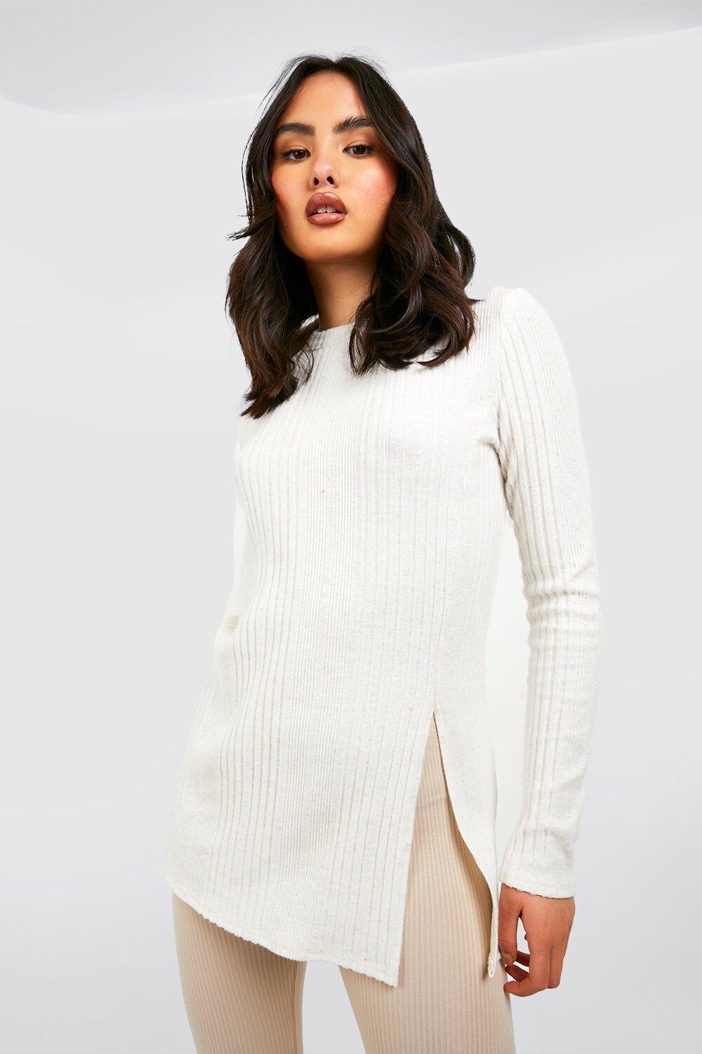

Топ с длинным разрезом из матовой ребки jumbo Boohoo, кремовый