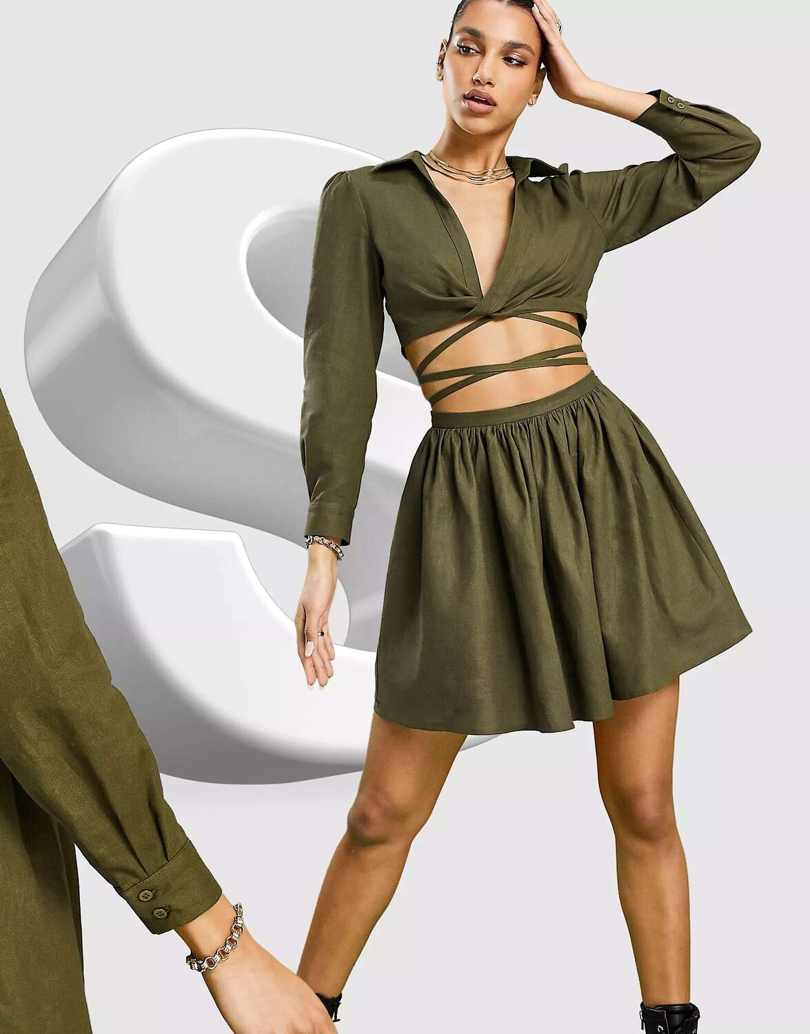 

Льняное платье-мини-рубашка с открытой завязкой на талии цвета хаки ASOS