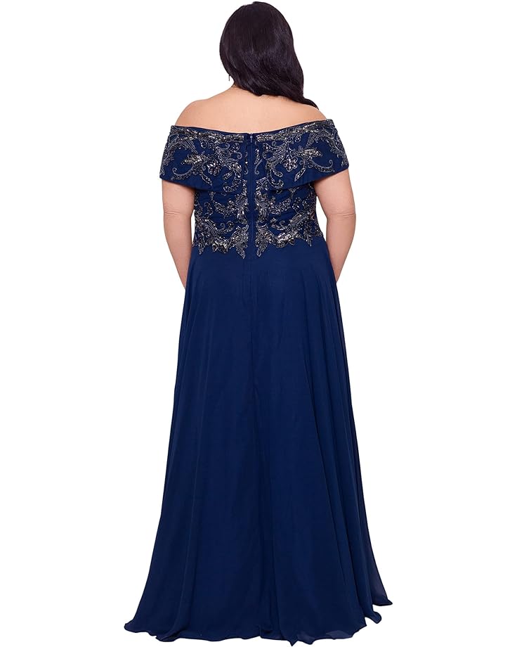 Платье XSCAPE Plus Size Long Off-the-Shoulder Chiffon Bead Top, темно-синий hanezza plus size chiffon lined bluz
