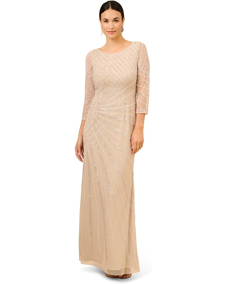 Платье Adrianna Papell Long Sleeve Beaded Long Gown with Starburst Bead Pattern, цвет Biscotti